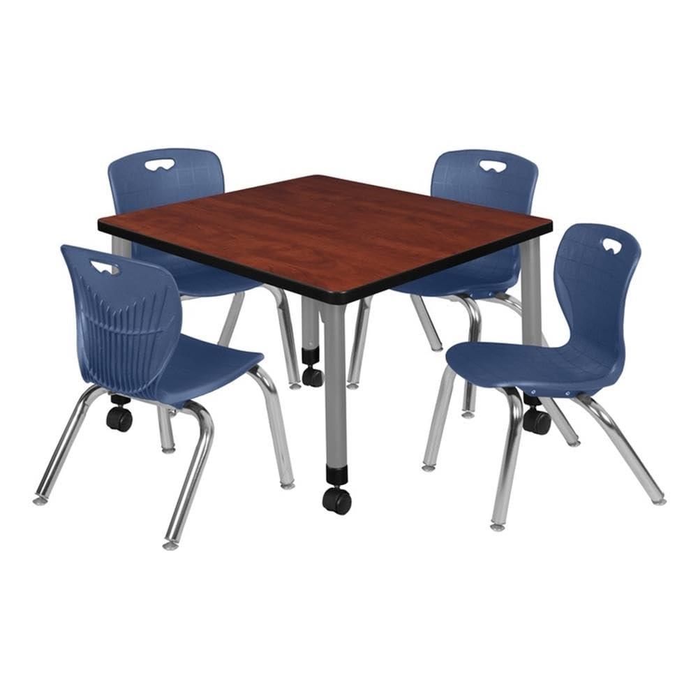 30" Square Mobile Table with 4 Blue Stackable Chairs D600