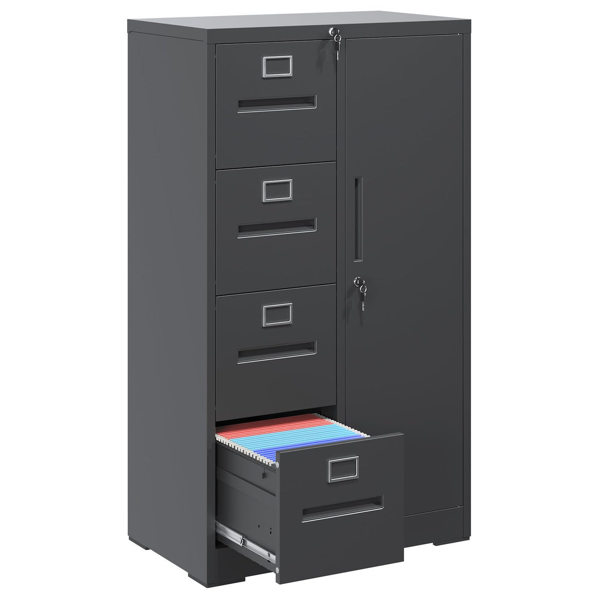 4 Drawer Vertical File Cabinet with Lock and Storage Shelves Black A3375