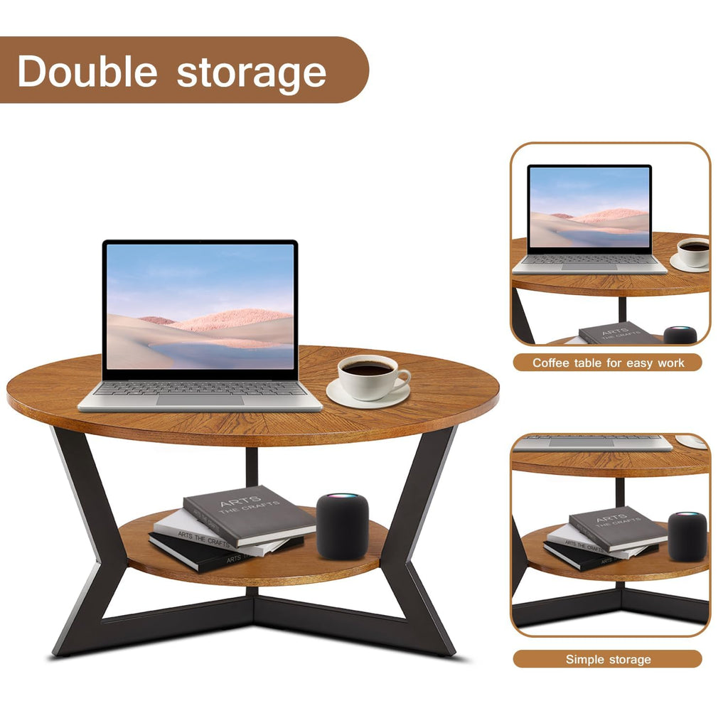 Brown 2-Tier Solid Wood Round Coffee Table R181