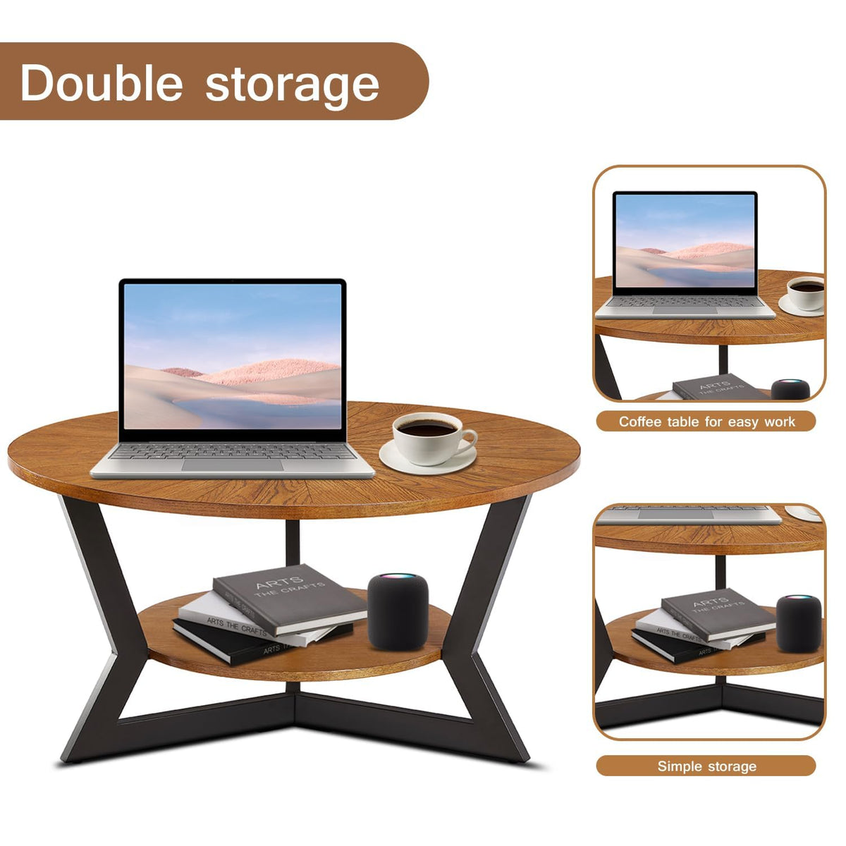 Brown 2-Tier Solid Wood Round Coffee Table R181