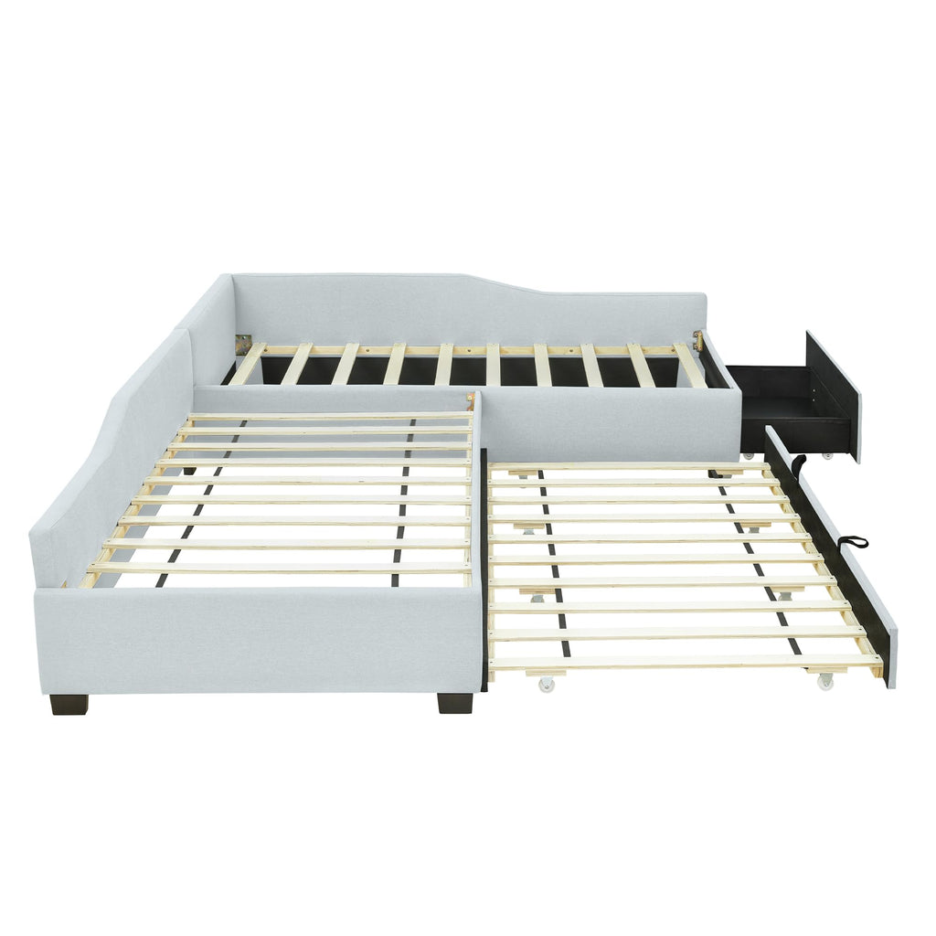 Double Twin Size L Shaped Upholstered Daybed with Trundle and Storage Drawer E911073