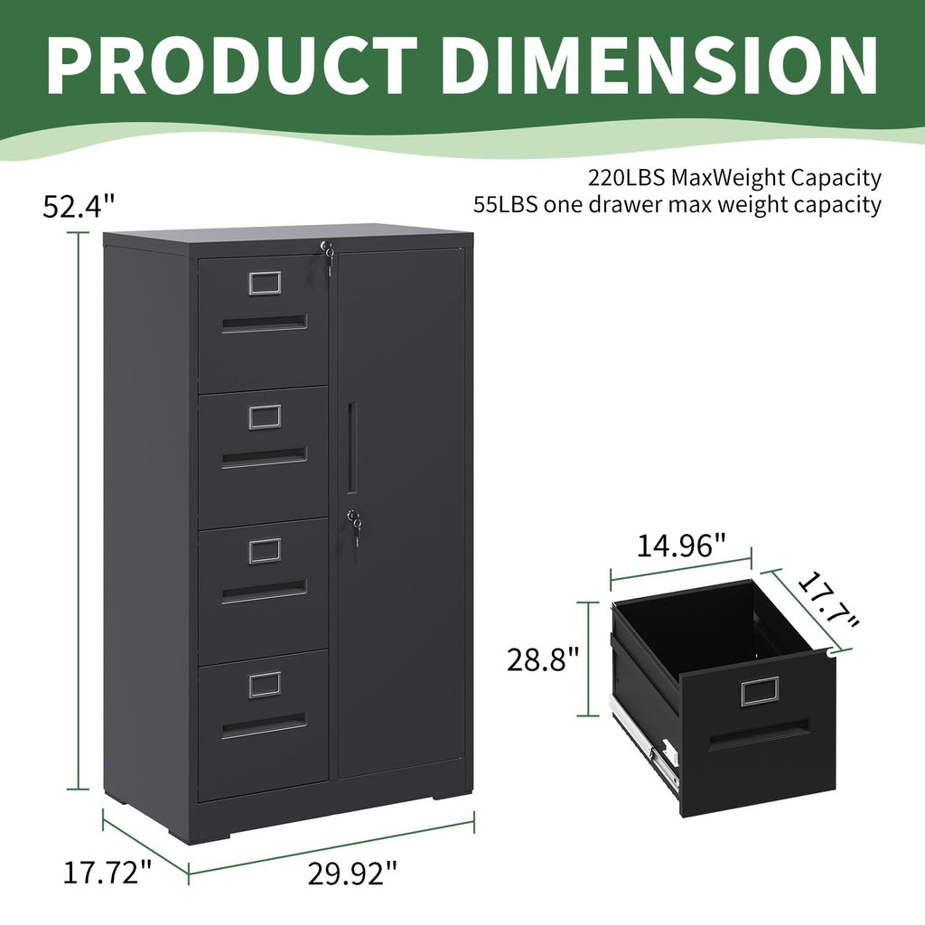 4 Drawer Vertical File Cabinet with Lock and Storage Shelves Black A3375
