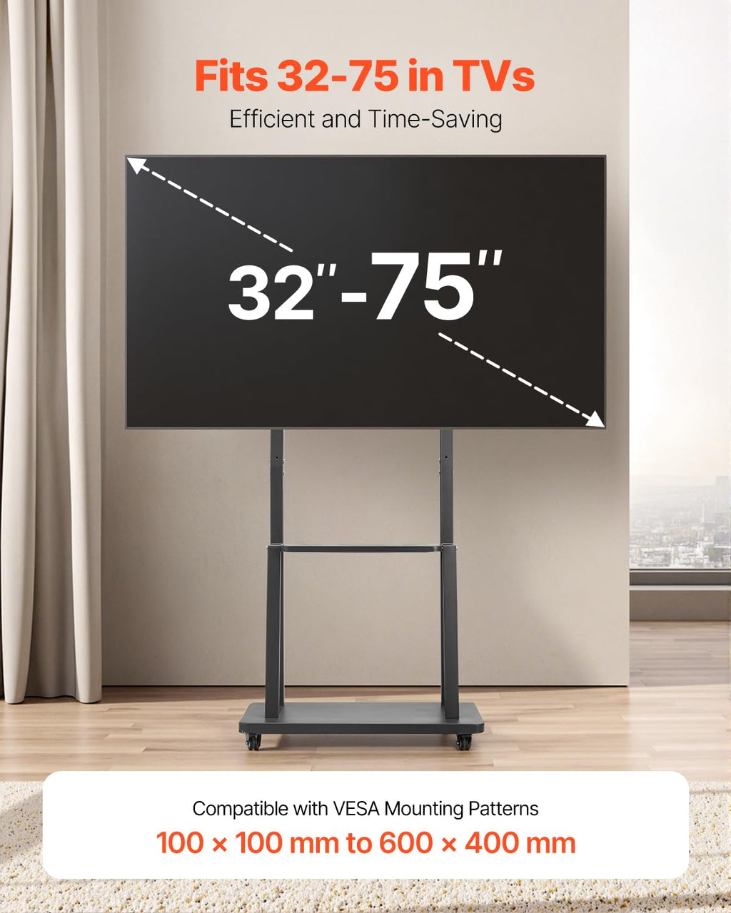 Rolling TV Stand for 32-75 Inch Screens, Height Adjustable with Tray L6548