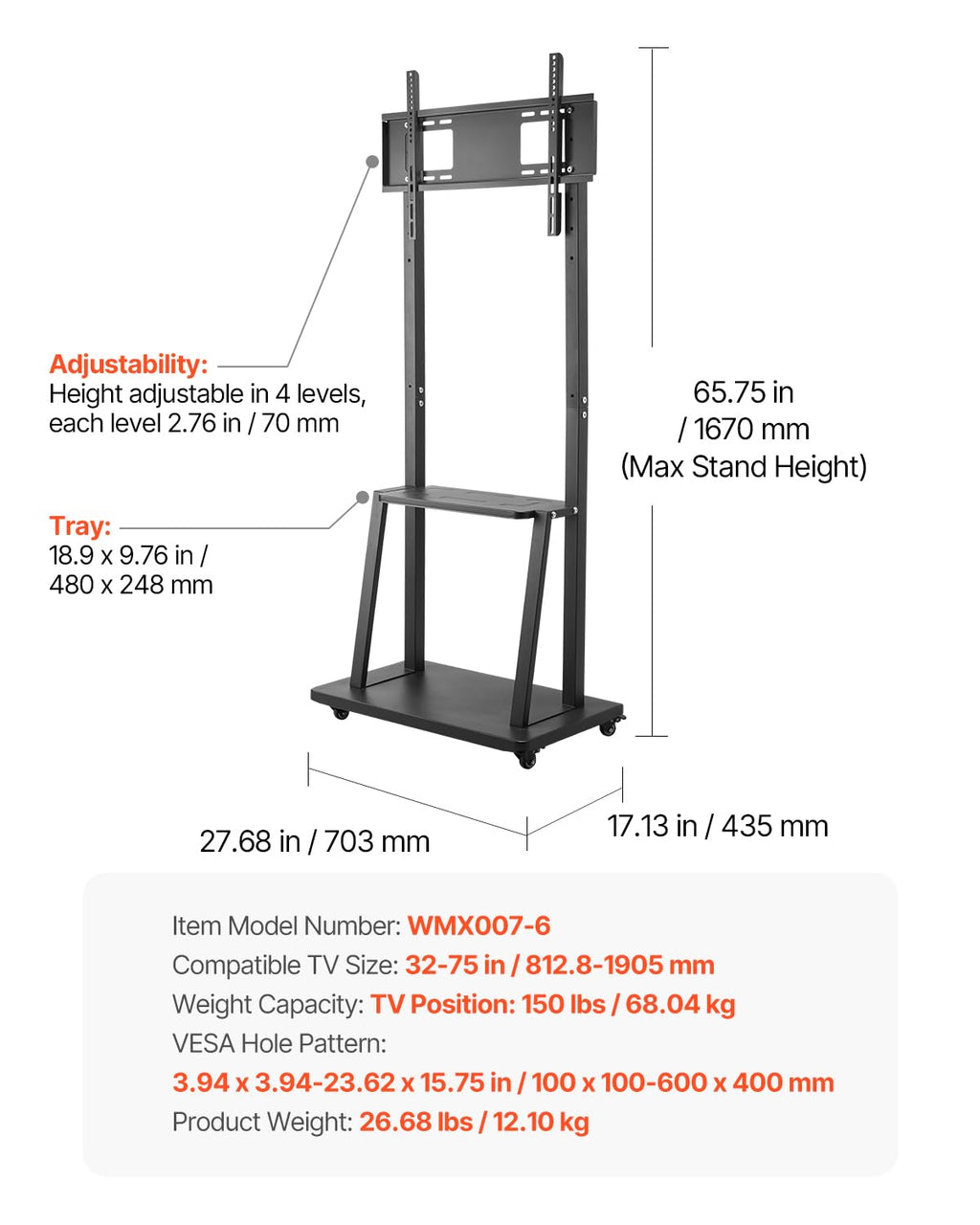 Rolling TV Stand for 32-75 Inch Screens, Height Adjustable with Tray L6548