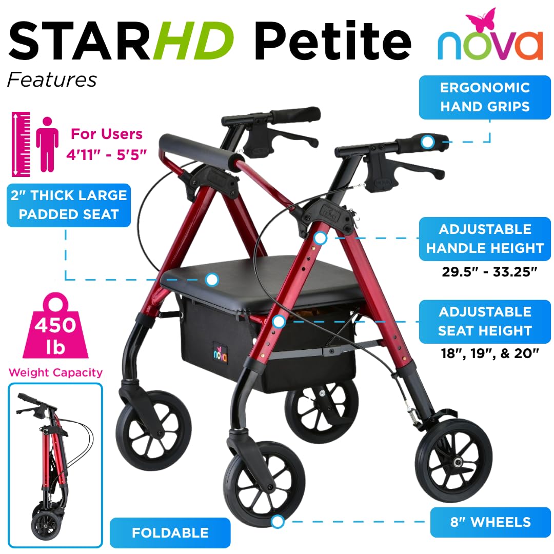 Heavy Duty Petite Rollator Walker with Padded Seat, 8" Wheels, Red L4111