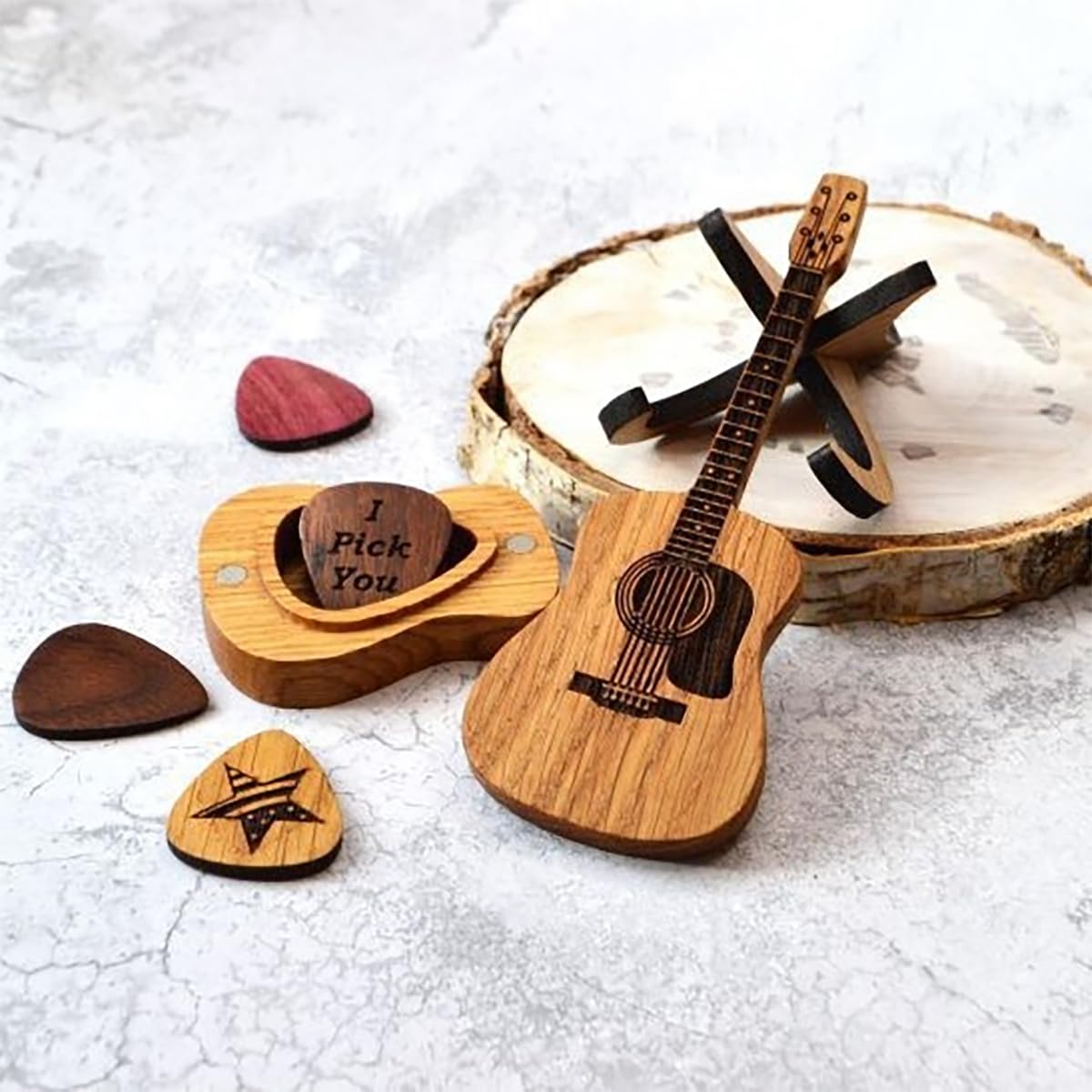 Wooden Guitar Pick Box with Stand 3PCS W209387