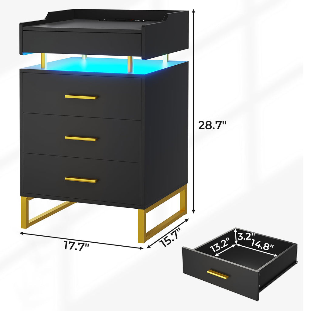 Black and Gold LED Nightstand with Charging Station B597056