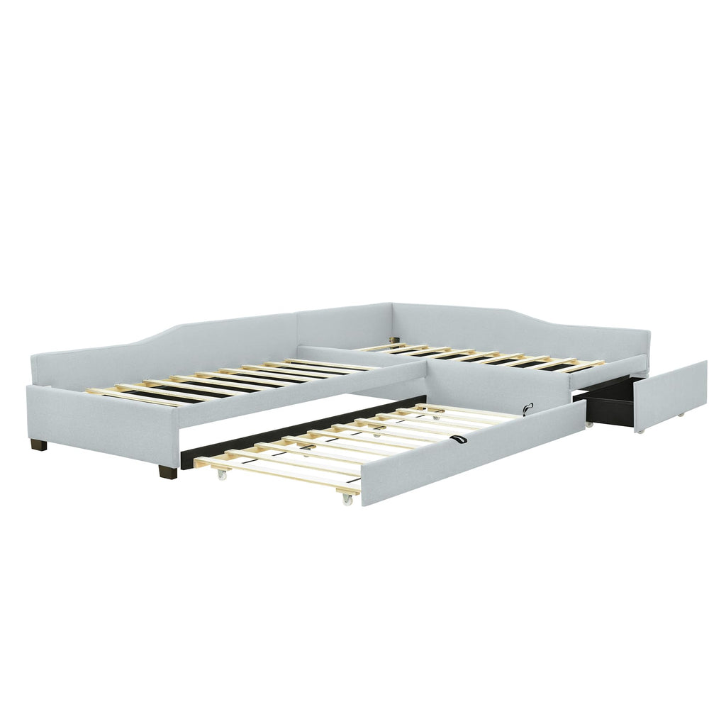 Double Twin Size L Shaped Upholstered Daybed with Trundle and Storage Drawer E911073