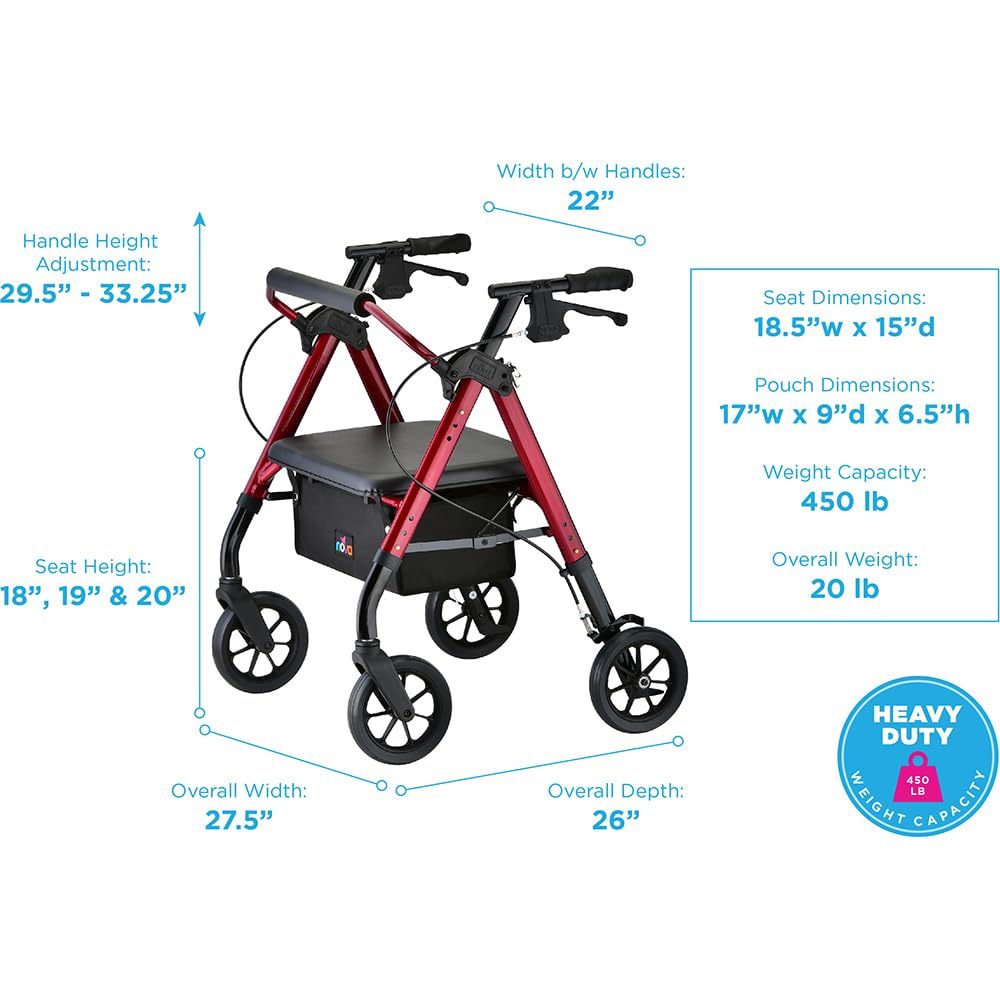 Heavy Duty Petite Rollator Walker with Padded Seat, 8" Wheels, Red L4111