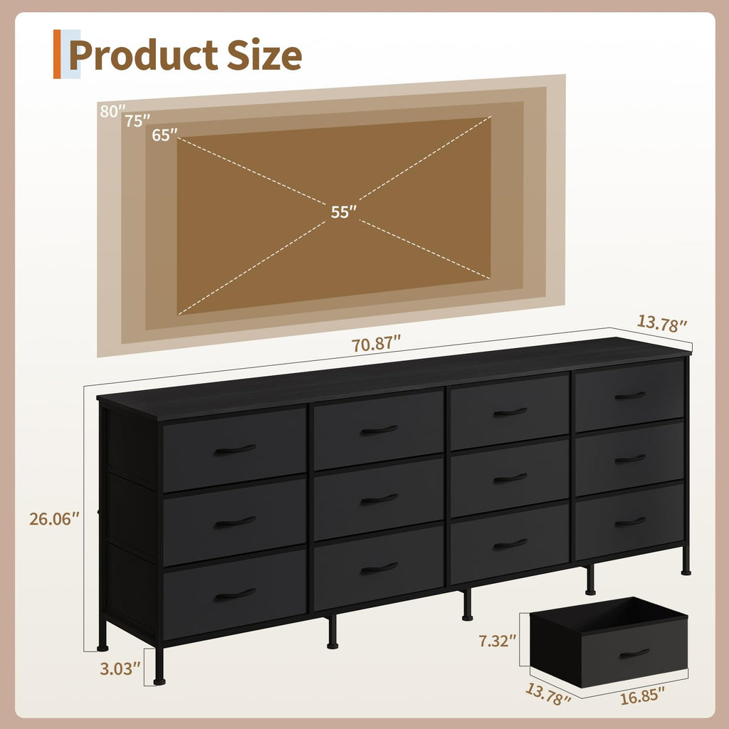 Black 12 Fabric Drawer Dresser with Charging Station H855