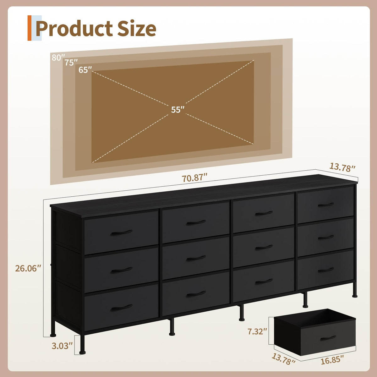 Black 12 Fabric Drawer Dresser with Charging Station H855
