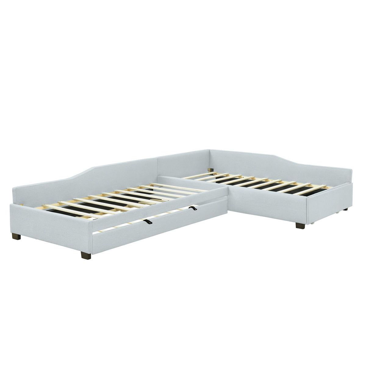 Double Twin Size L Shaped Upholstered Daybed with Trundle and Storage Drawer E911073