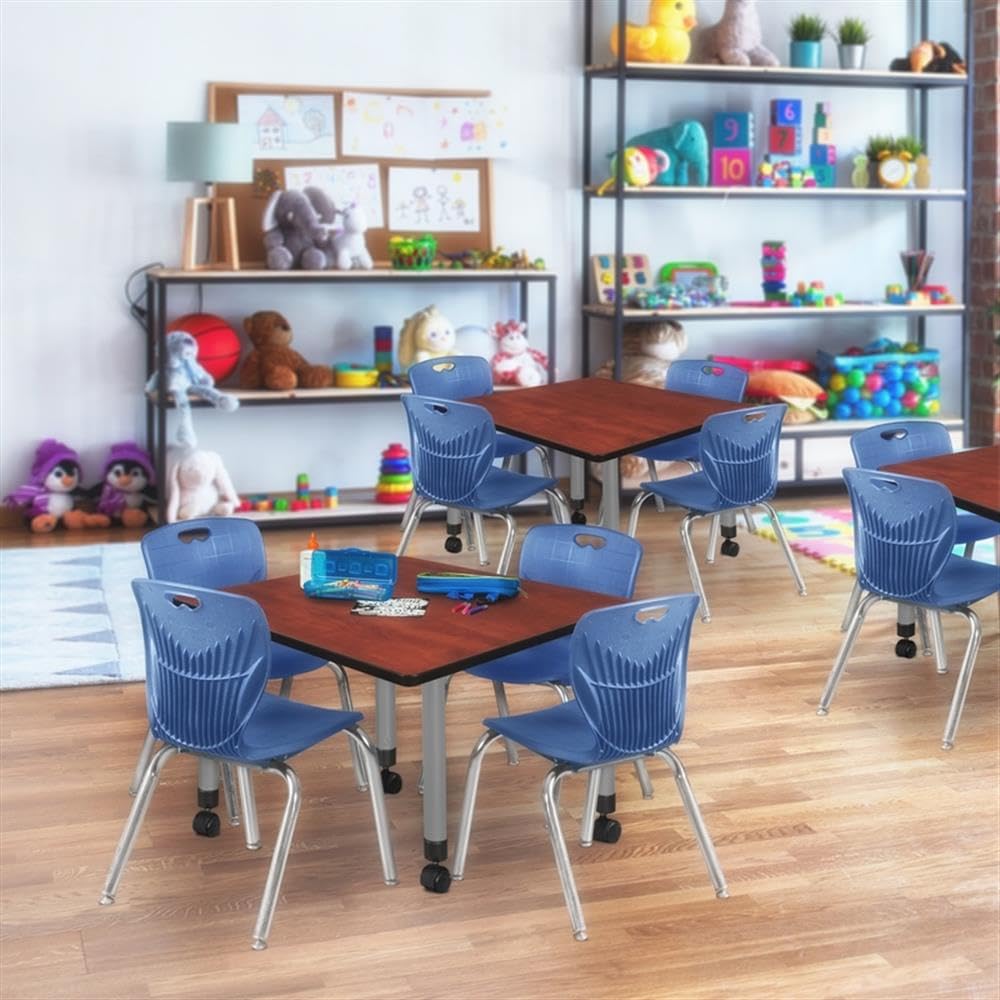 30" Square Mobile Table with 4 Blue Stackable Chairs D600