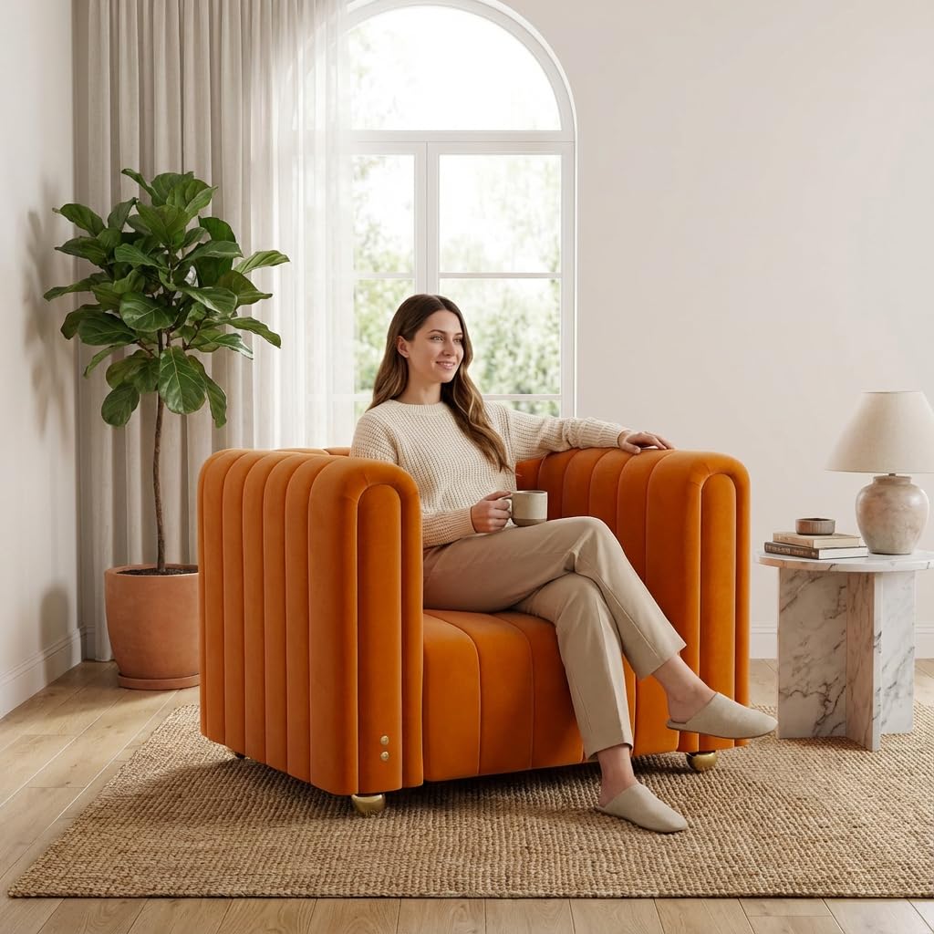 40" Orange Velvet Accent Chair with Gold Metal Legs X181333