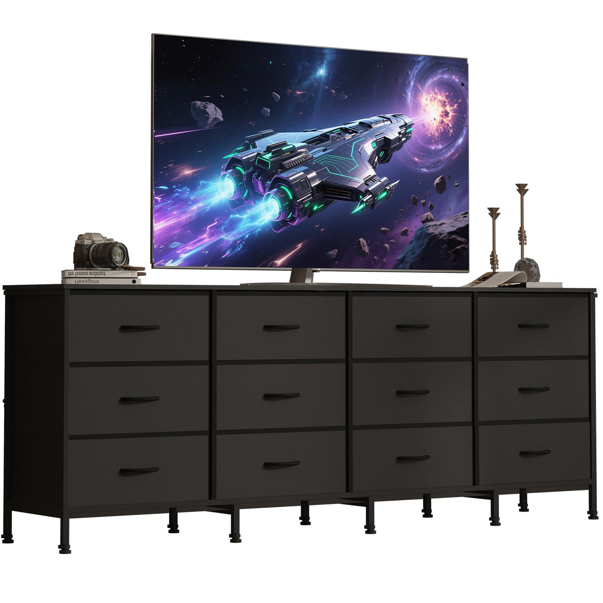 Black 12 Fabric Drawer Dresser with Charging Station H855
