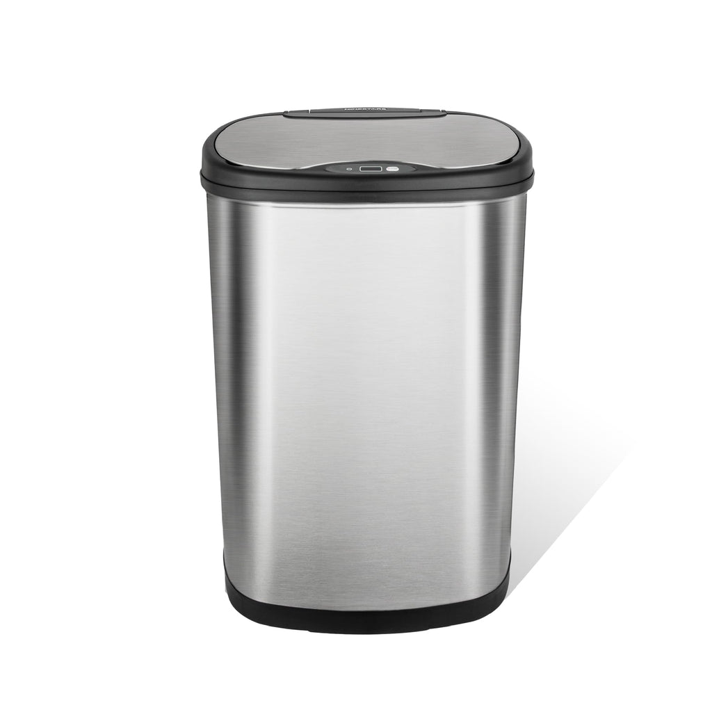13 Gallon Oval Automatic Trash Can, 50L Touchless Motion Sensor Garbage Can with Odor-Sealing Lid & One-Touch Manual Mode, Silver Stainless Steel, Black Trim E56975
