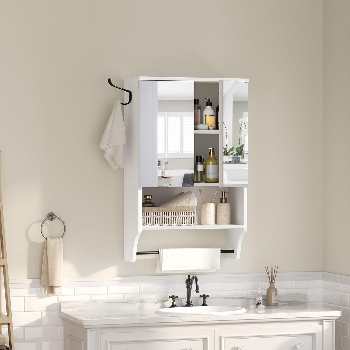 White Wall Mounted Bathroom Cabinet with Mirror and Adjustable Shelf X1646