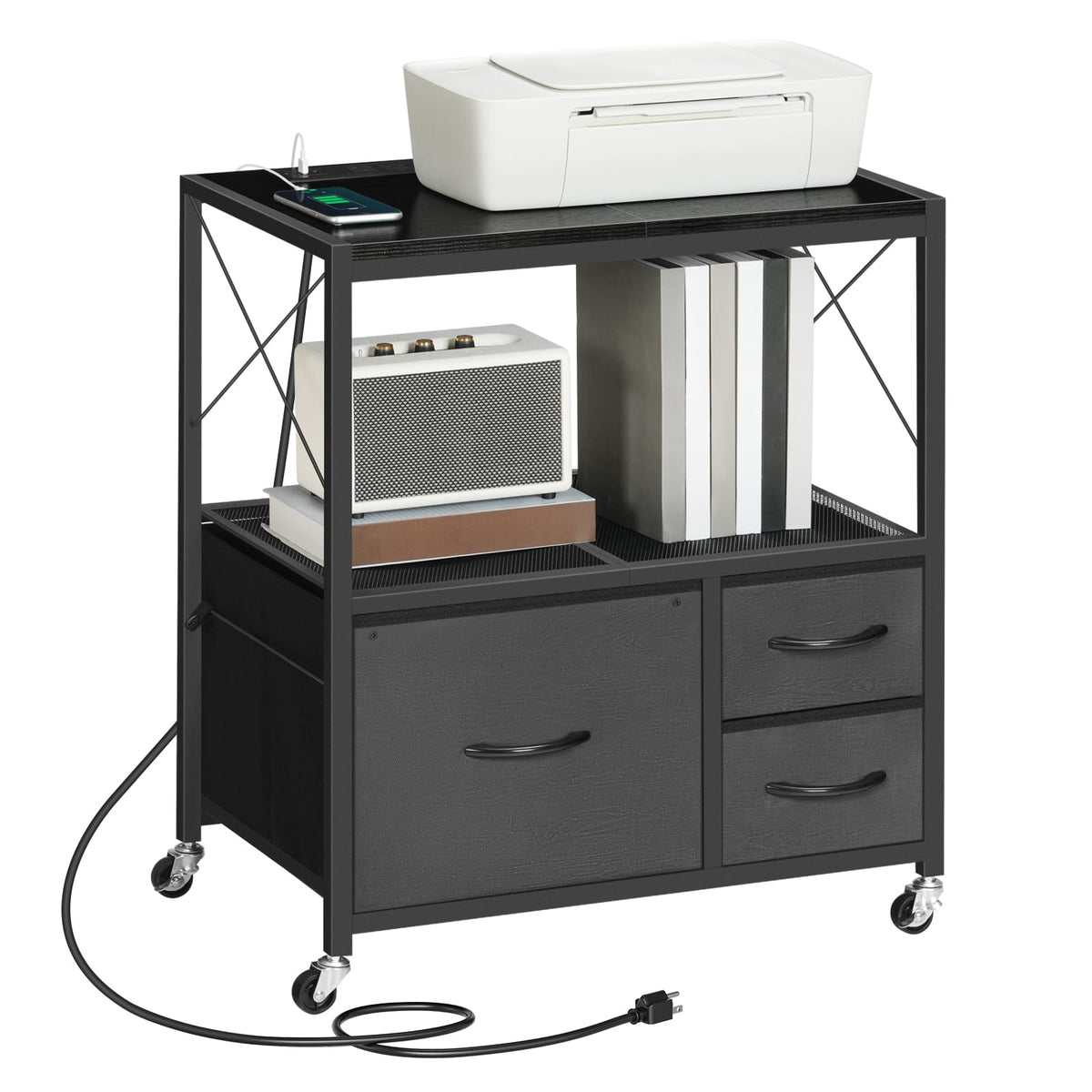 Black 3 Drawer File Cabinet with Charging Station U68356