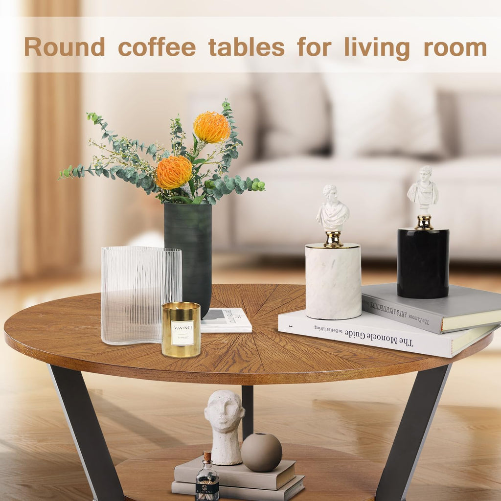 Brown 2-Tier Solid Wood Round Coffee Table R181