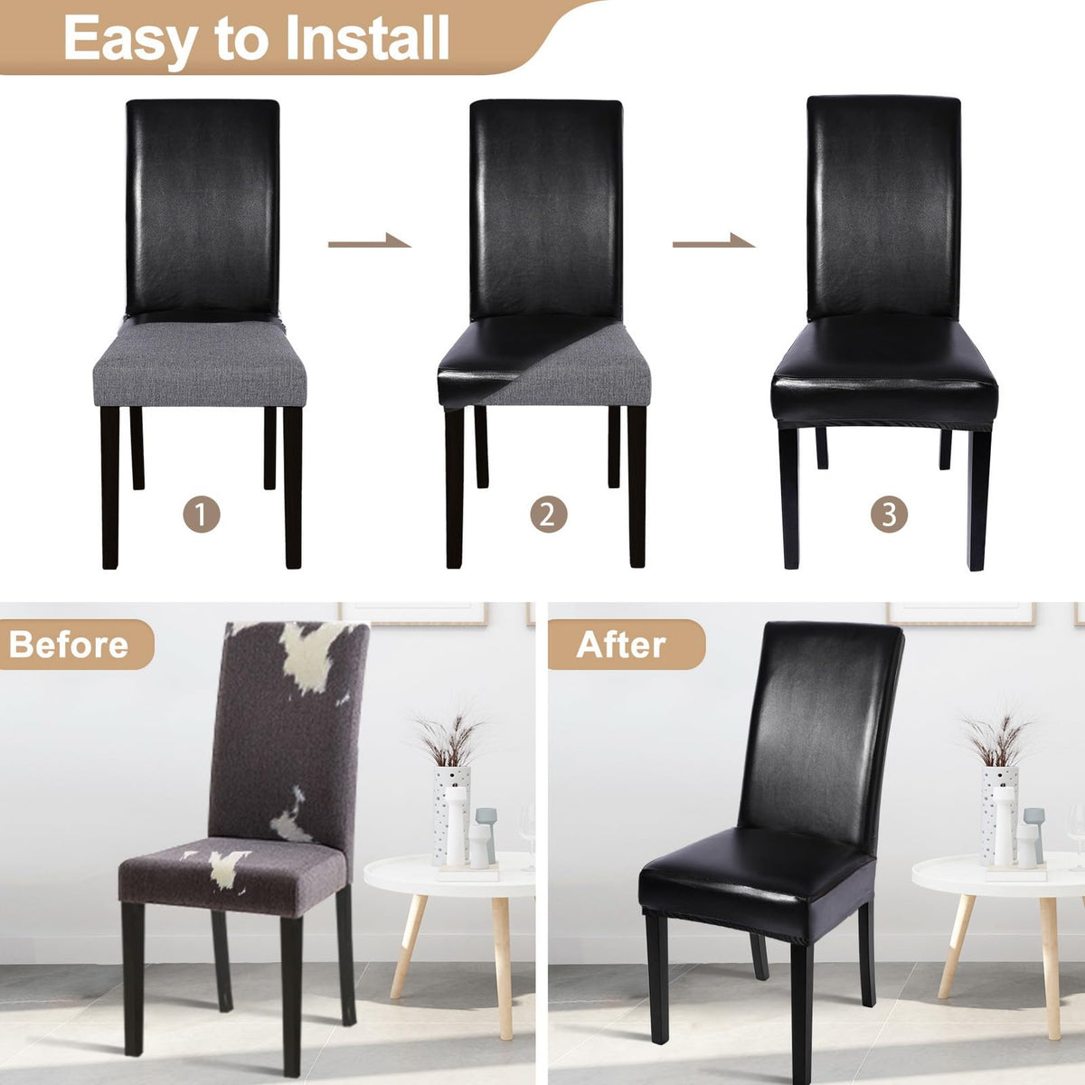 Waterproof PU Leather Dining Chair Covers Set of 4 Black J47857