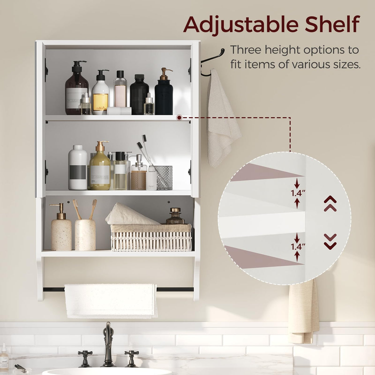 White Wall Mounted Bathroom Cabinet with Mirror and Adjustable Shelf X1646