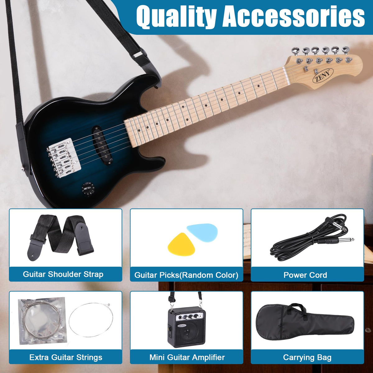30 inch Kids Electric Guitar with 5w Amp, Gig Bag, Strap, Cable, Strings and Picks, Blue V83535