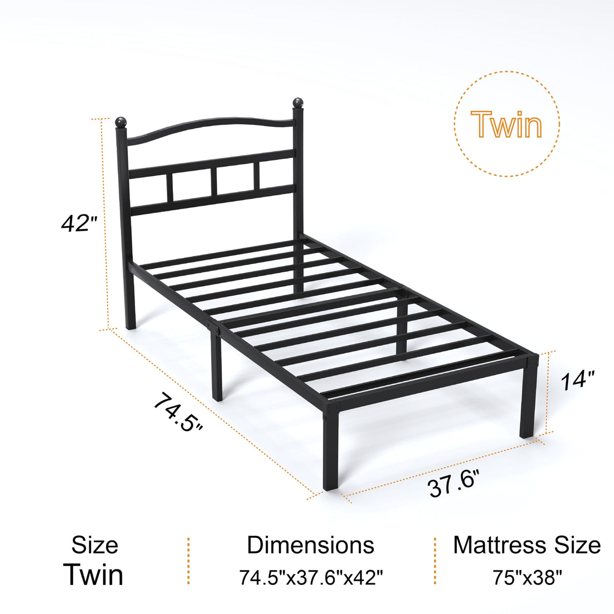 14 Inch Twin Size Metal Platform Bed Frame with Headboard N819363