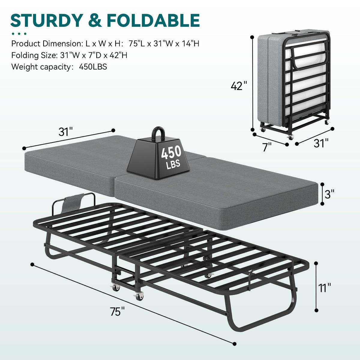 Folding Bed on Wheels 75" x 31" M36124