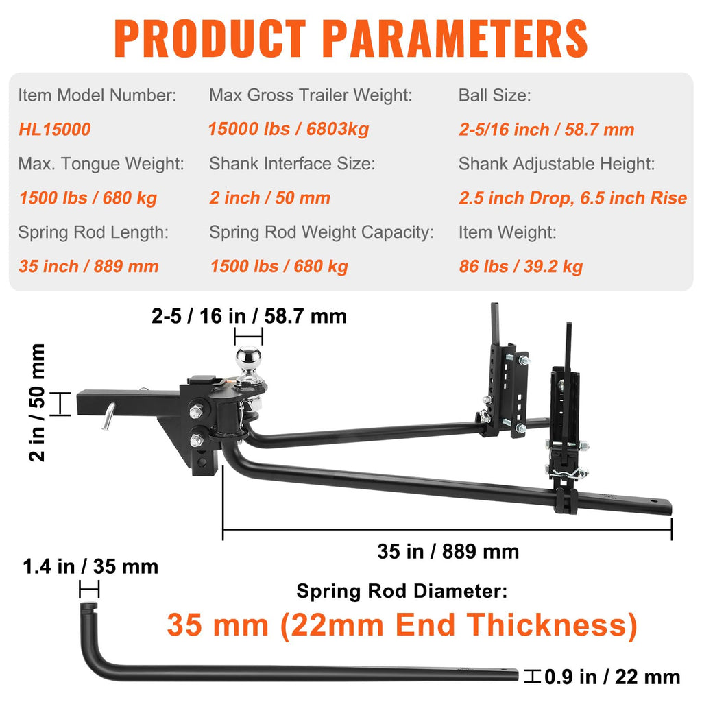 1500 lbs Capacity Weight Distribution Hitch with 2-Inch Steel Shank W3877