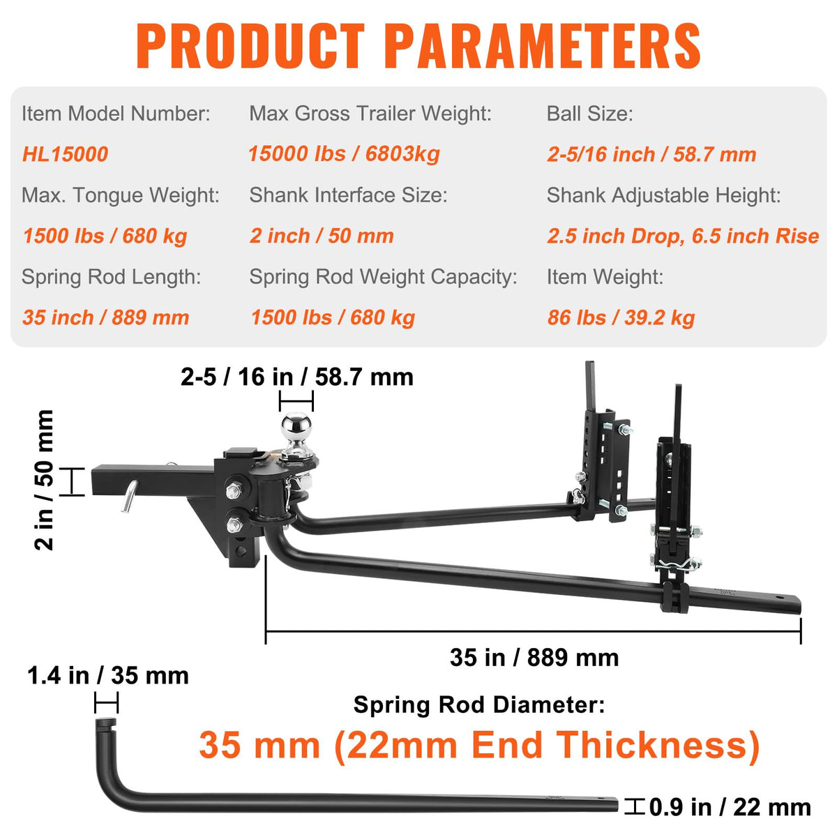 1500 lbs Capacity Weight Distribution Hitch with 2-Inch Steel Shank W3877