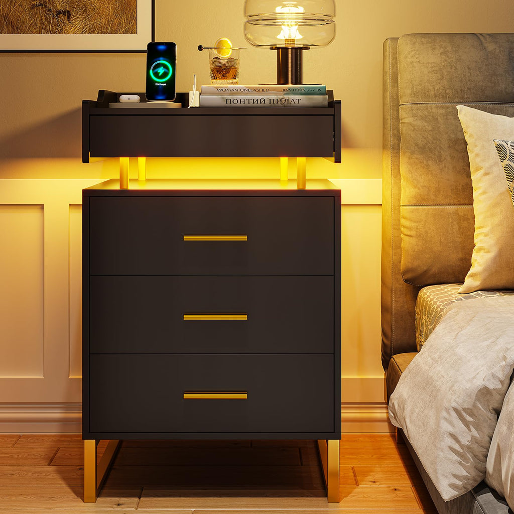 Black and Gold LED Nightstand with Charging Station B597056