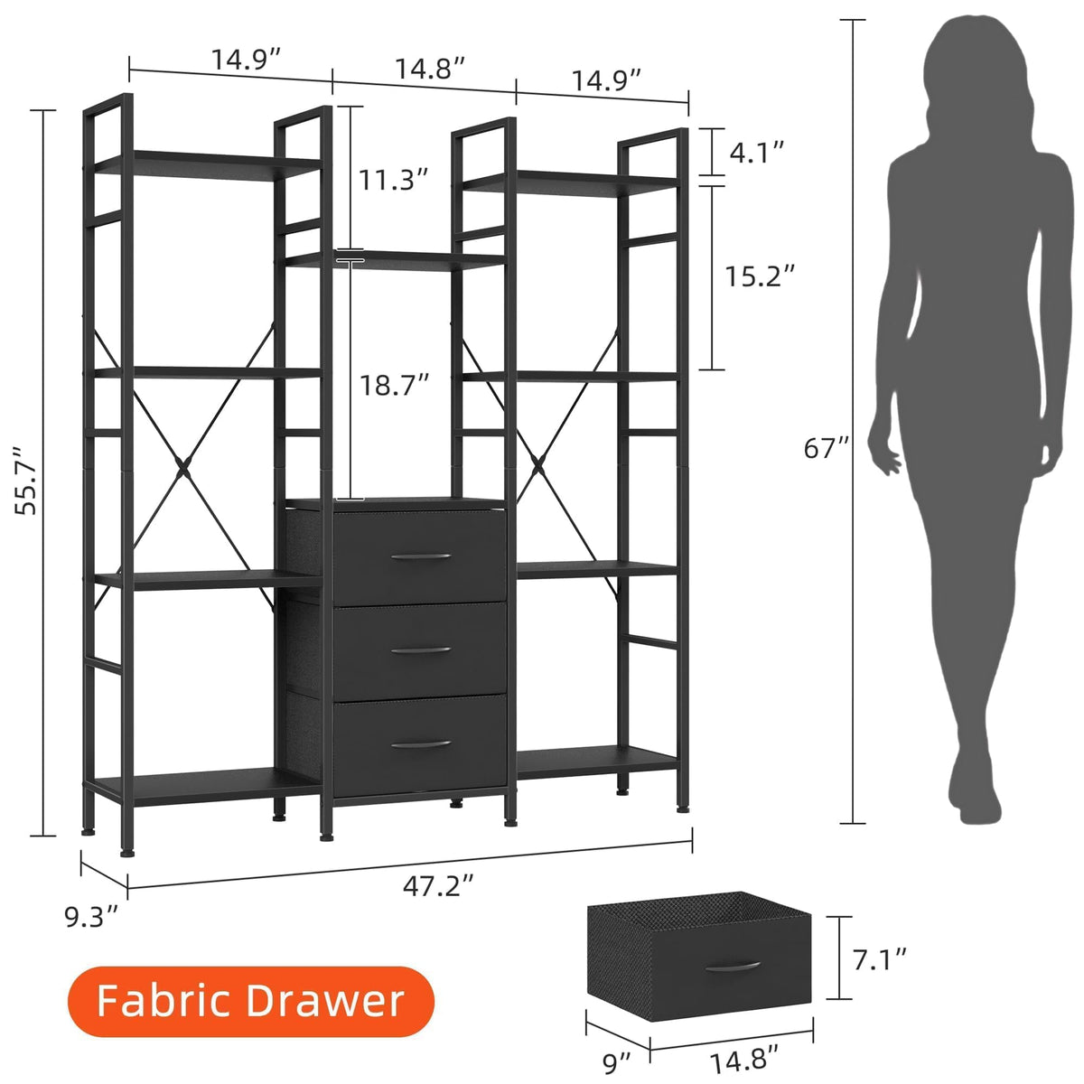 Black 4-Tier Bookshelf with 3 Fabric Drawers Z8712