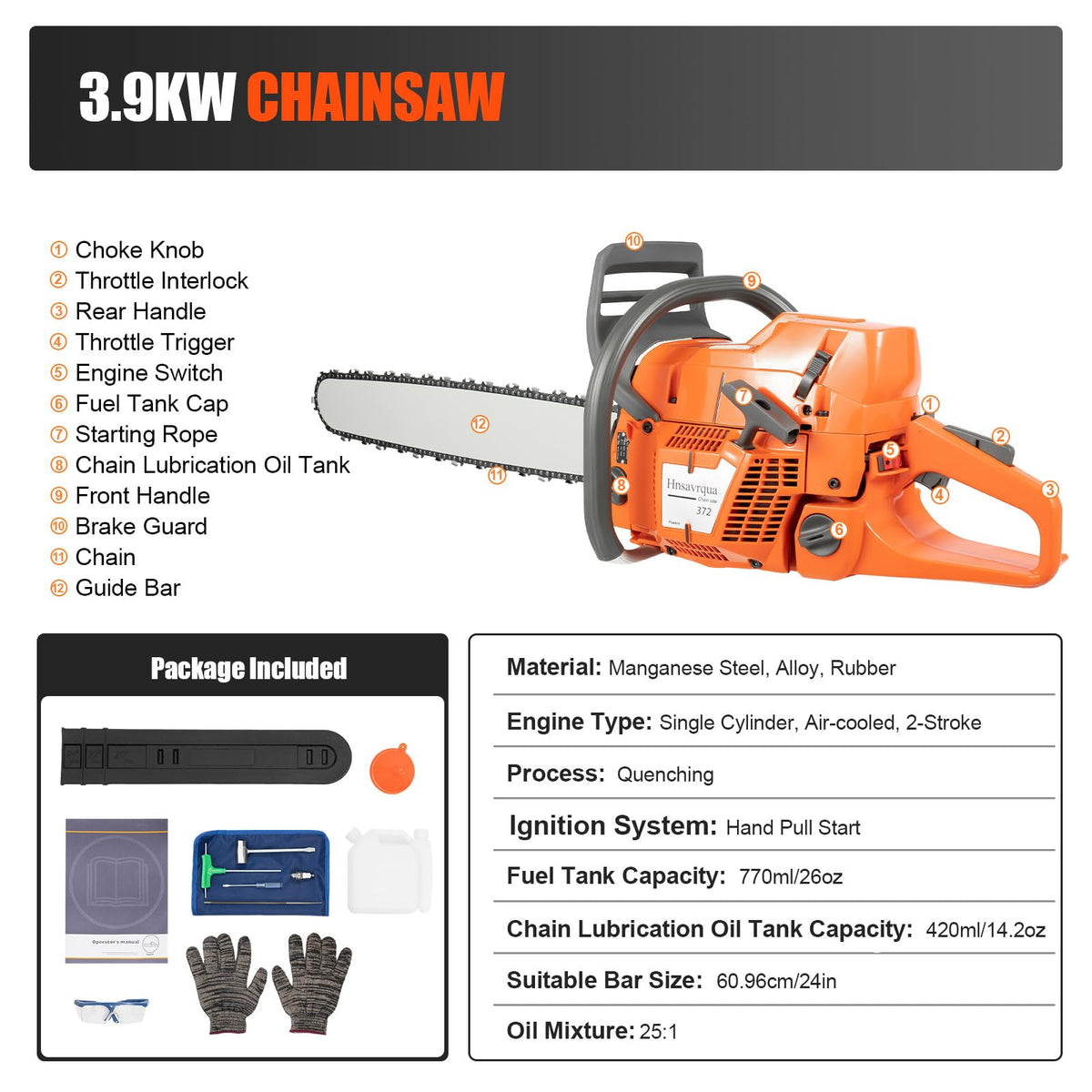 24 Inch 71.8CC 2-Stroke Gas Chainsaw I325