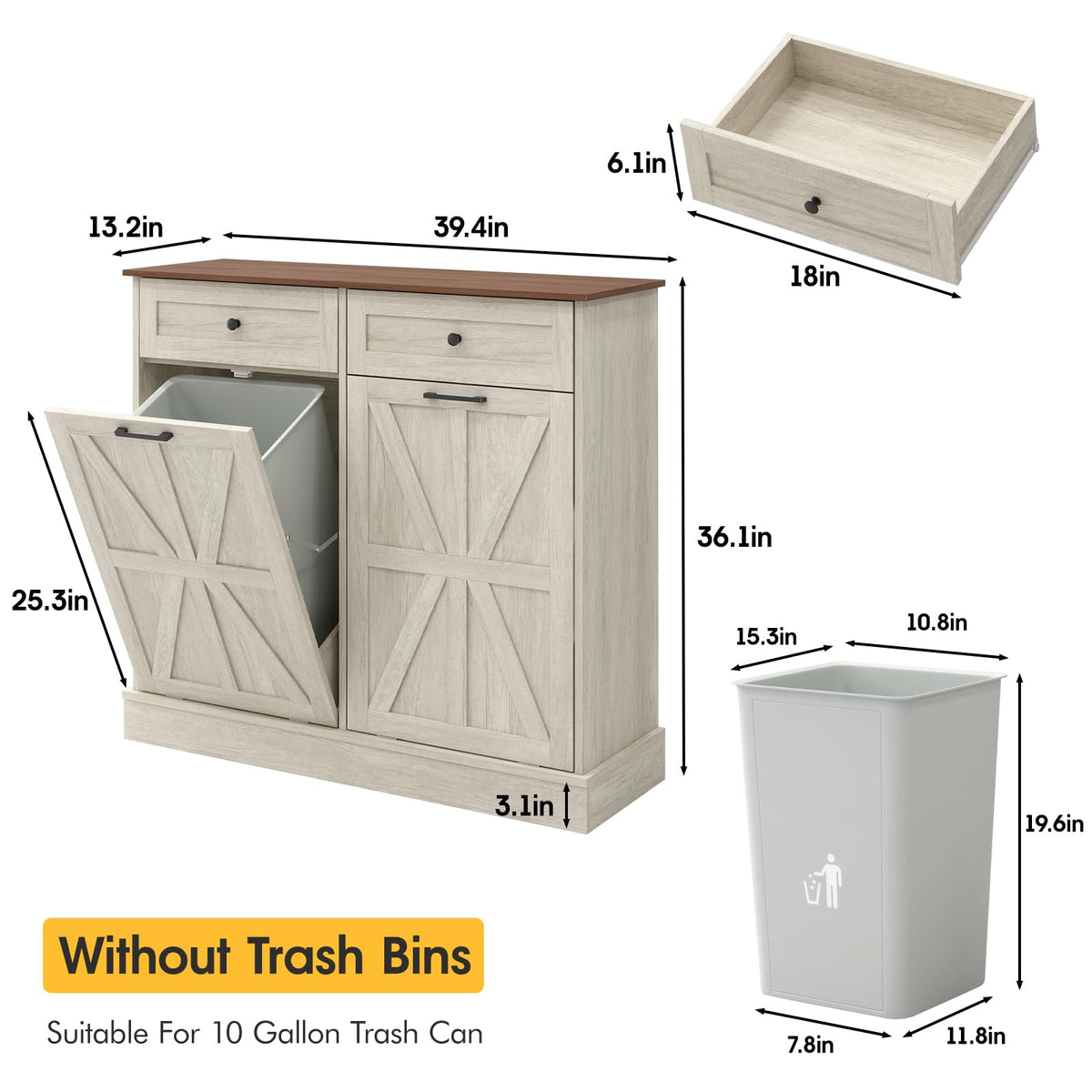 Double Tilt Out Trash Bin Holder Walnut White Wooden 10 Gallon Z37359