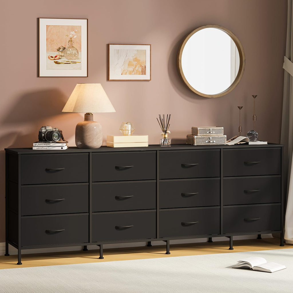 Black 12 Fabric Drawer Dresser with Charging Station H855