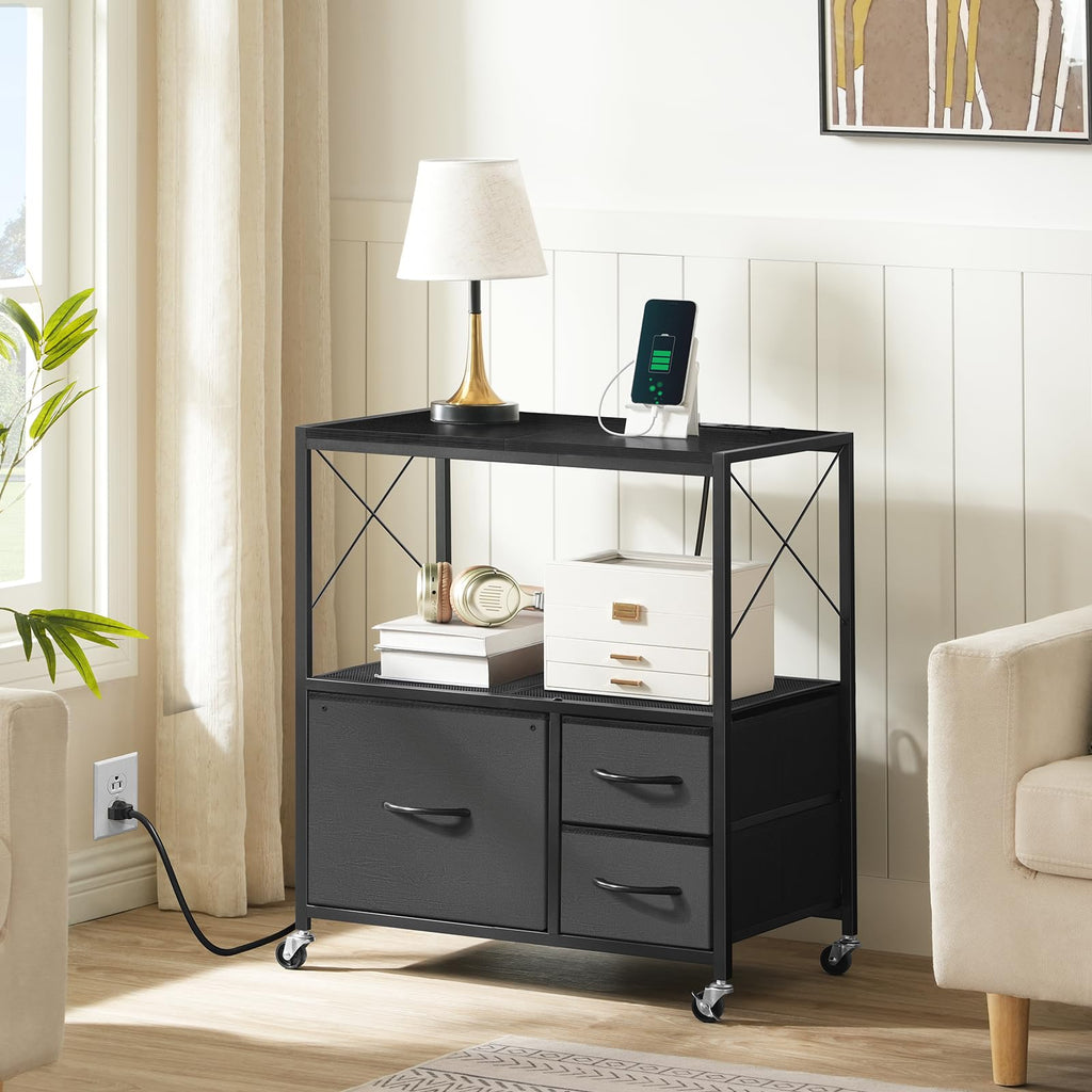 Black 3 Drawer File Cabinet with Charging Station U68356