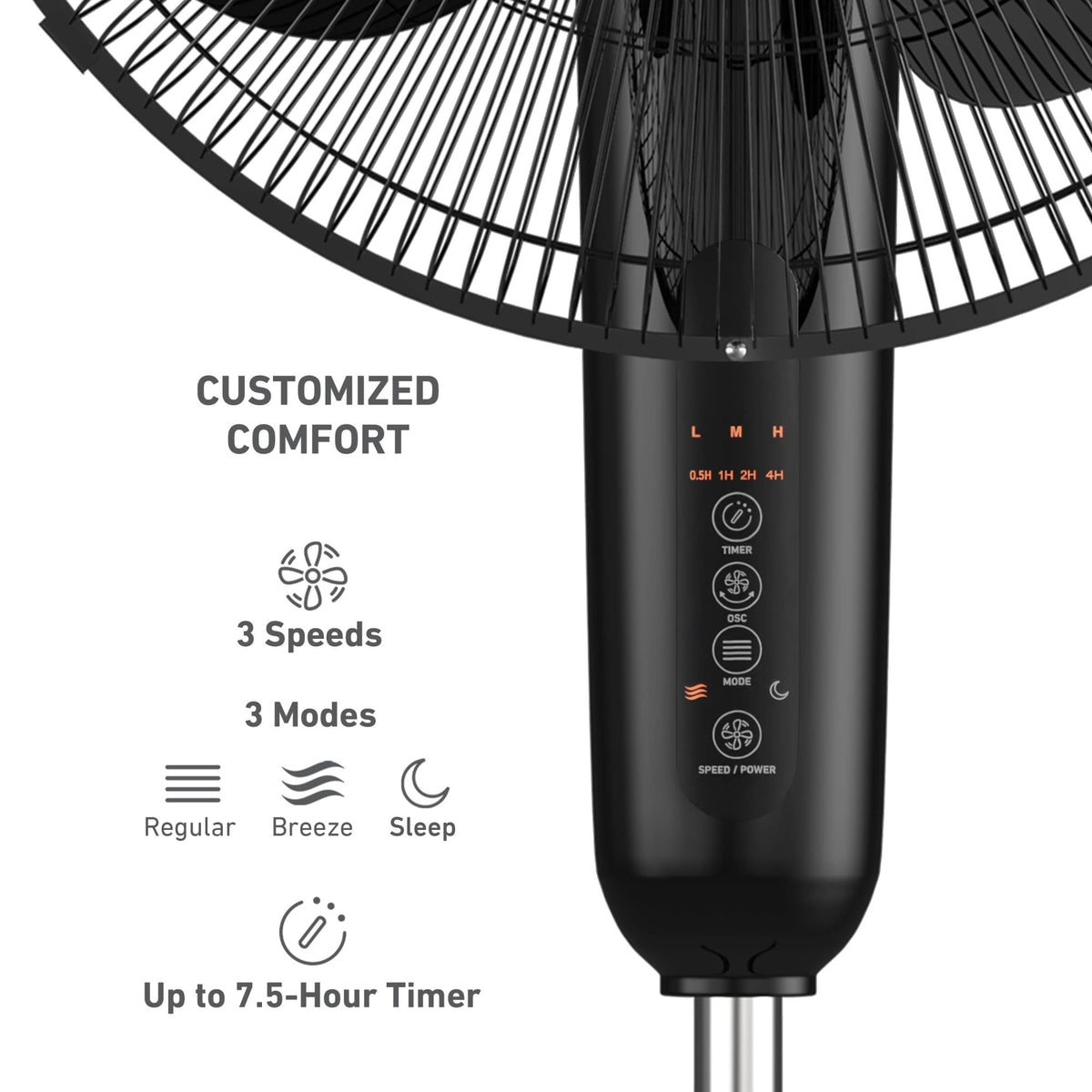 16" Digital Stand Fan, 80° Oscillation, 3 Speeds, Remote Control, Black E492005