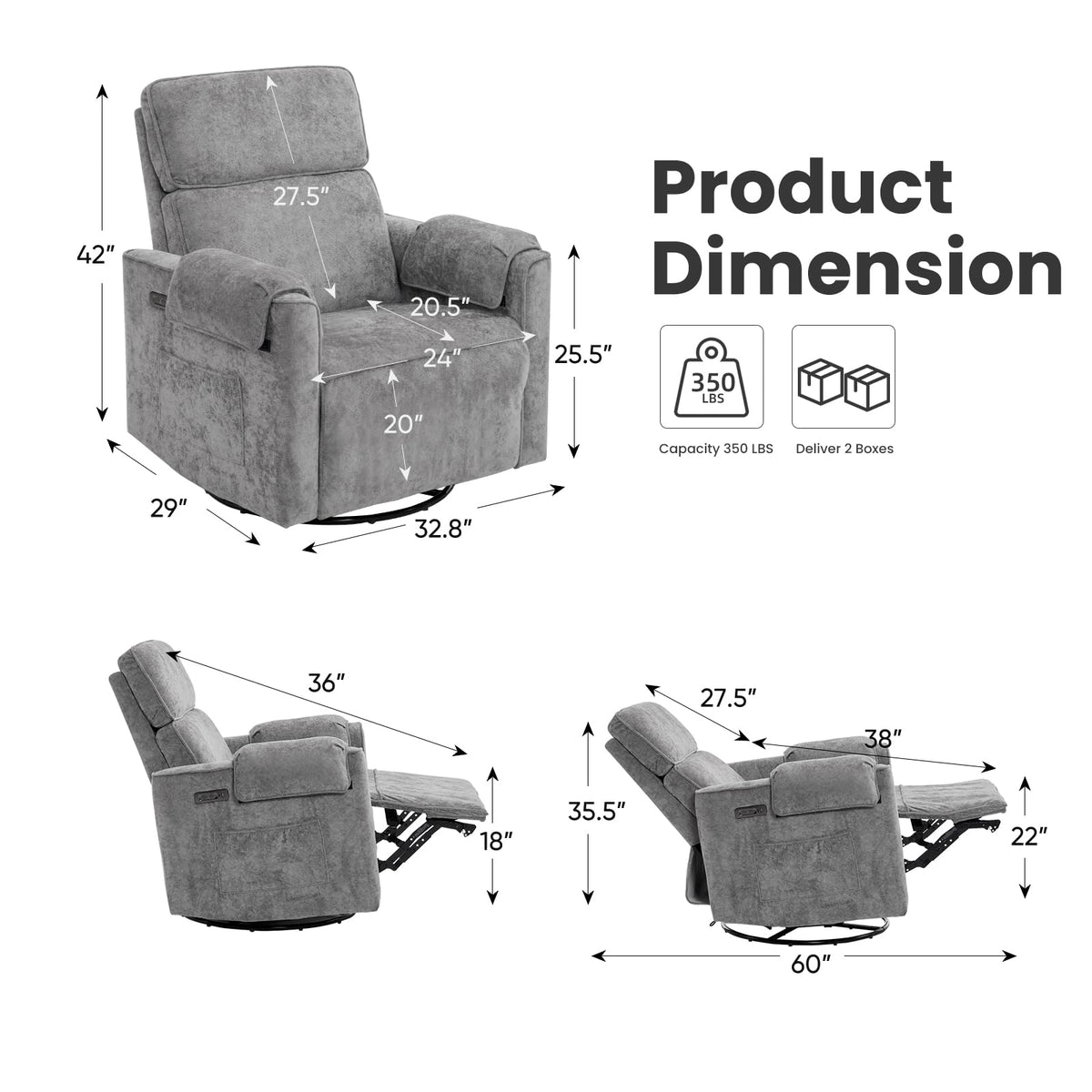 Oversized Swivel Rocking Recliner Chair with USB Ports, Grey T652398