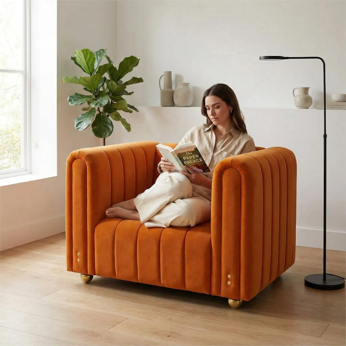 40" Orange Velvet Accent Chair with Gold Metal Legs X181333