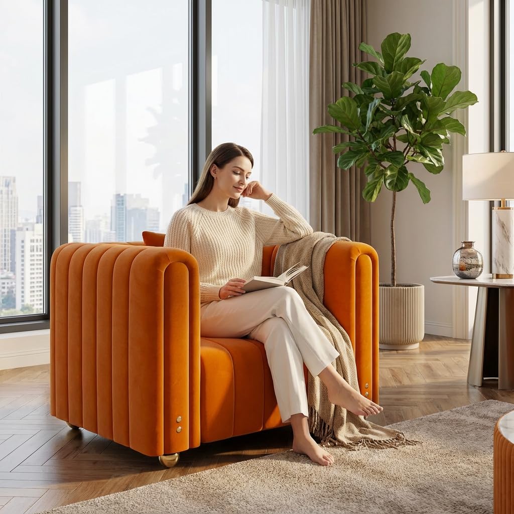 40" Orange Velvet Accent Chair with Gold Metal Legs X181333