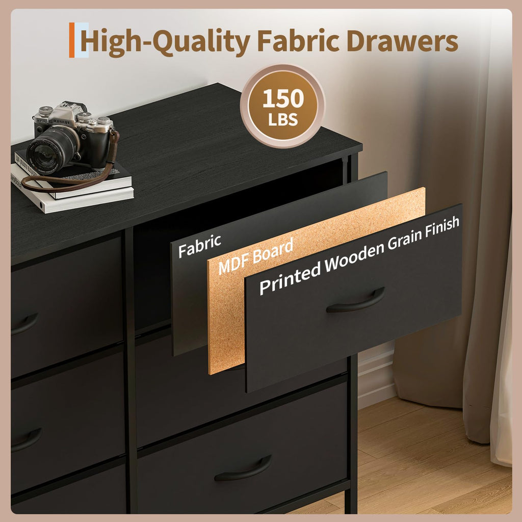 Black 12 Fabric Drawer Dresser with Charging Station H855