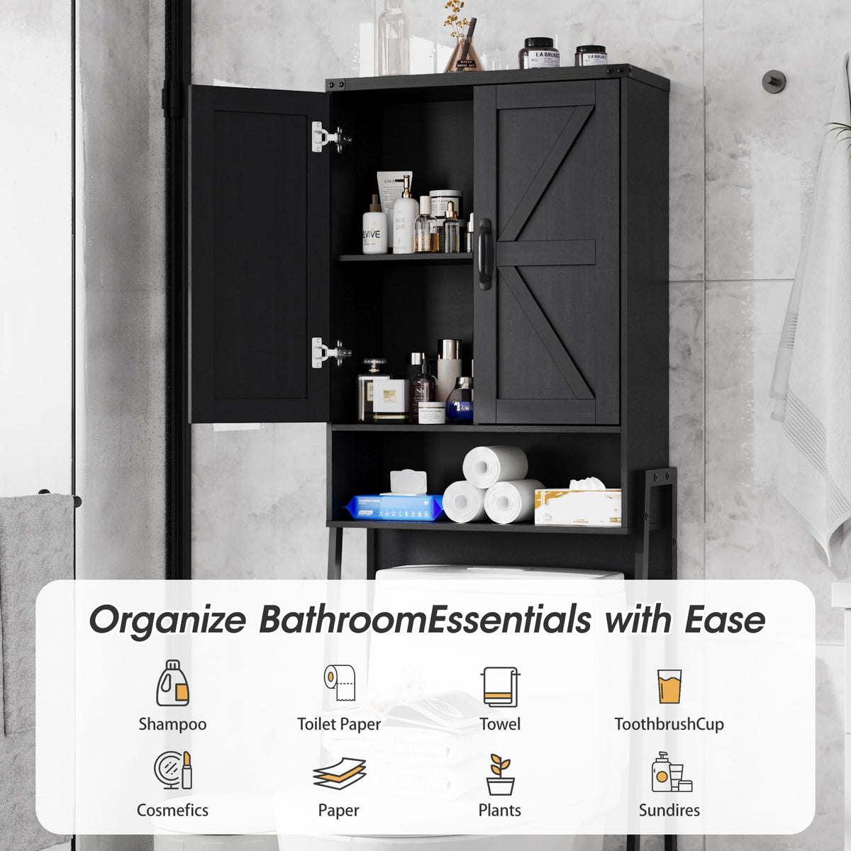 Over The Toilet Storage Cabinet with 2-Door Design Black E97251
