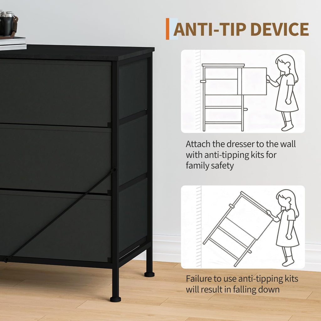 Black 12 Fabric Drawer Dresser with Charging Station H855
