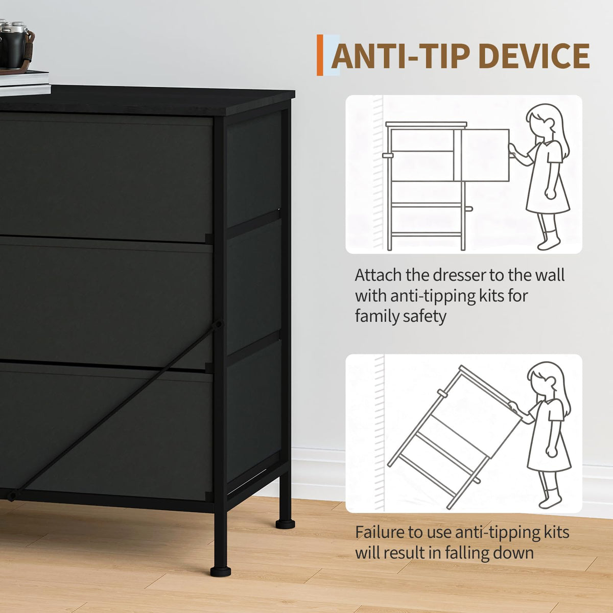 Black 12 Fabric Drawer Dresser with Charging Station H855