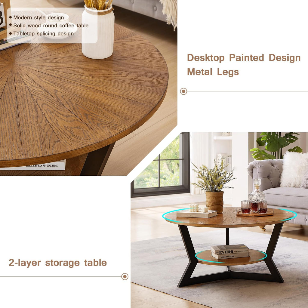 Brown 2-Tier Solid Wood Round Coffee Table R181