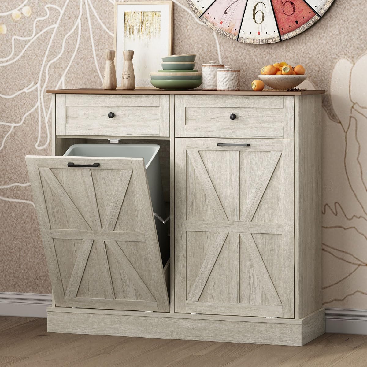 Double Tilt Out Trash Bin Holder Walnut White Wooden 10 Gallon Z37359