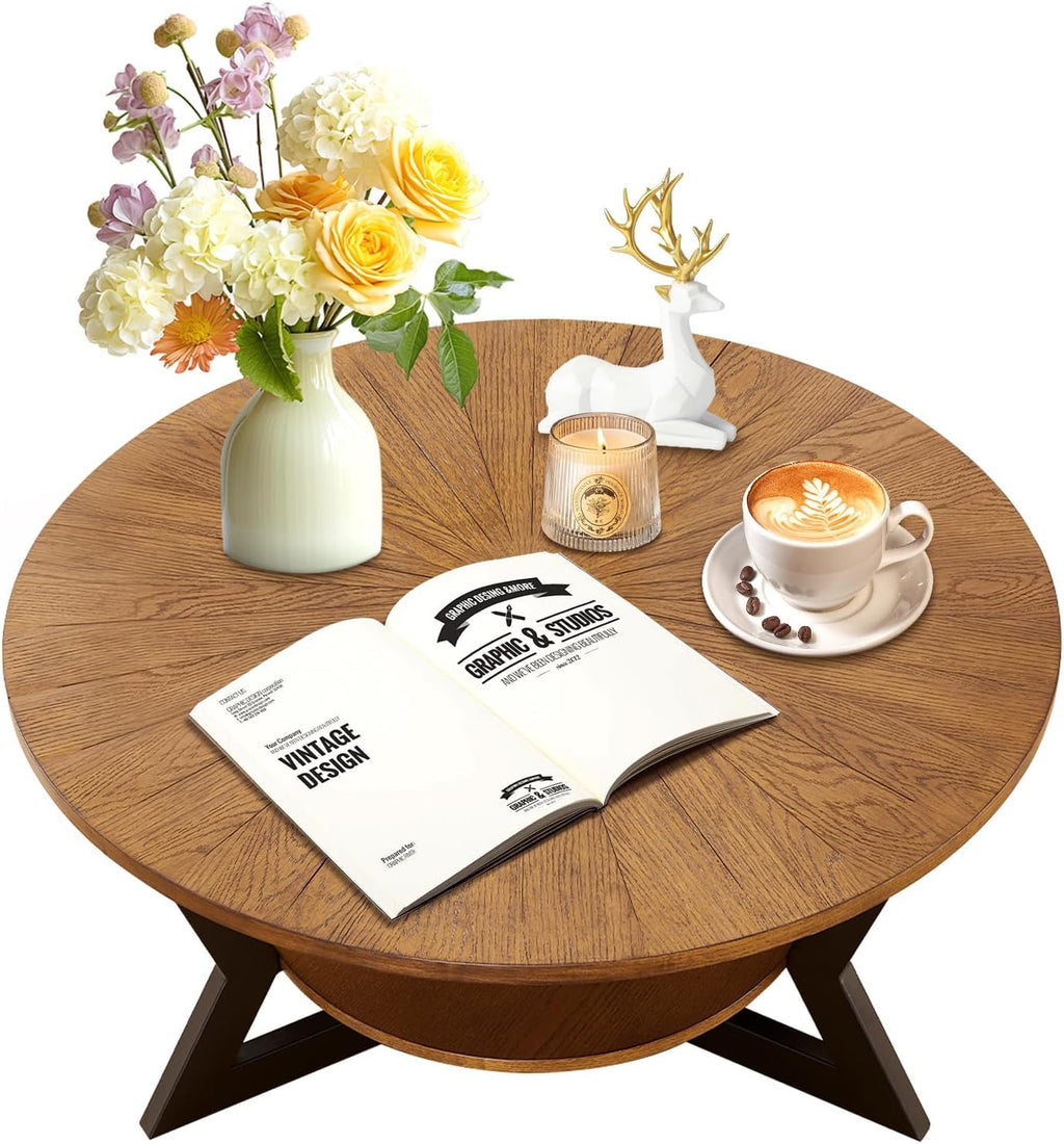 Brown 2-Tier Solid Wood Round Coffee Table R181
