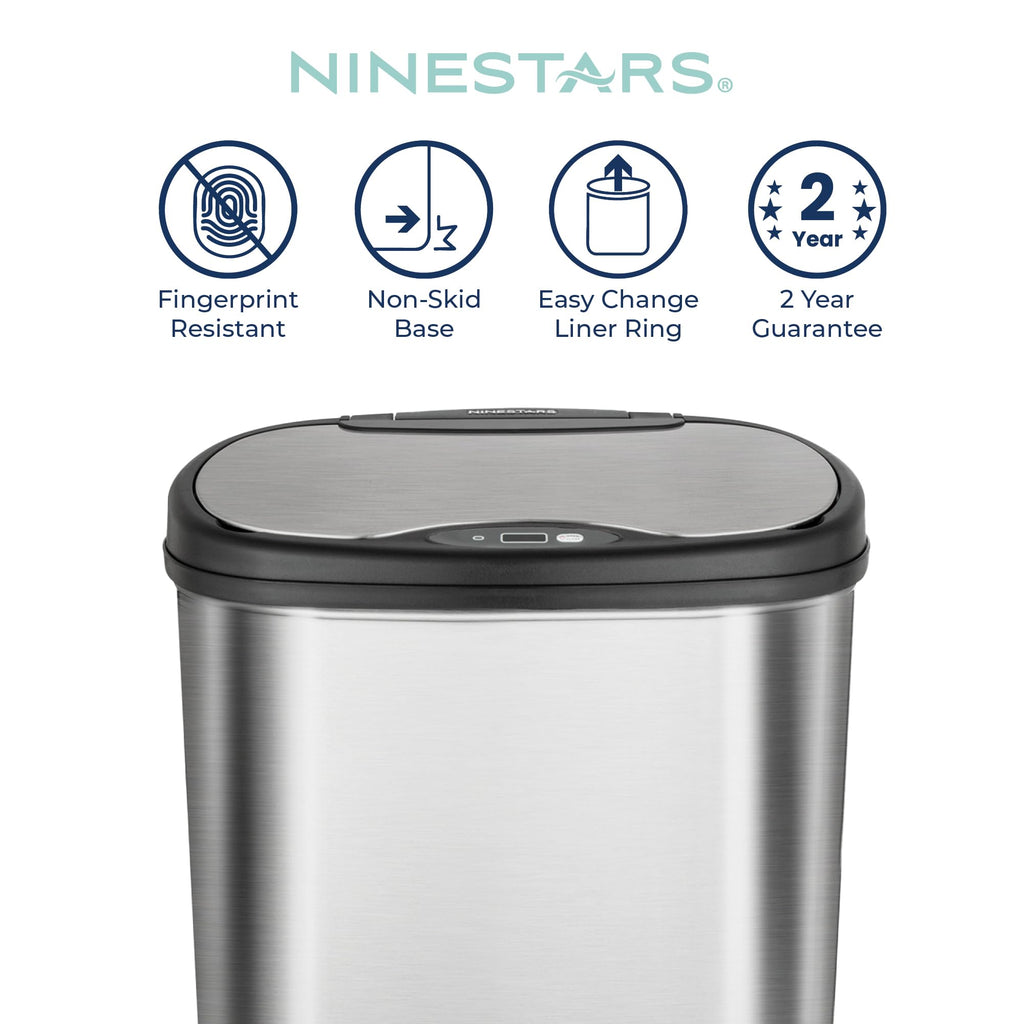 13 Gallon Oval Automatic Trash Can, 50L Touchless Motion Sensor Garbage Can with Odor-Sealing Lid & One-Touch Manual Mode, Silver Stainless Steel, Black Trim E56975