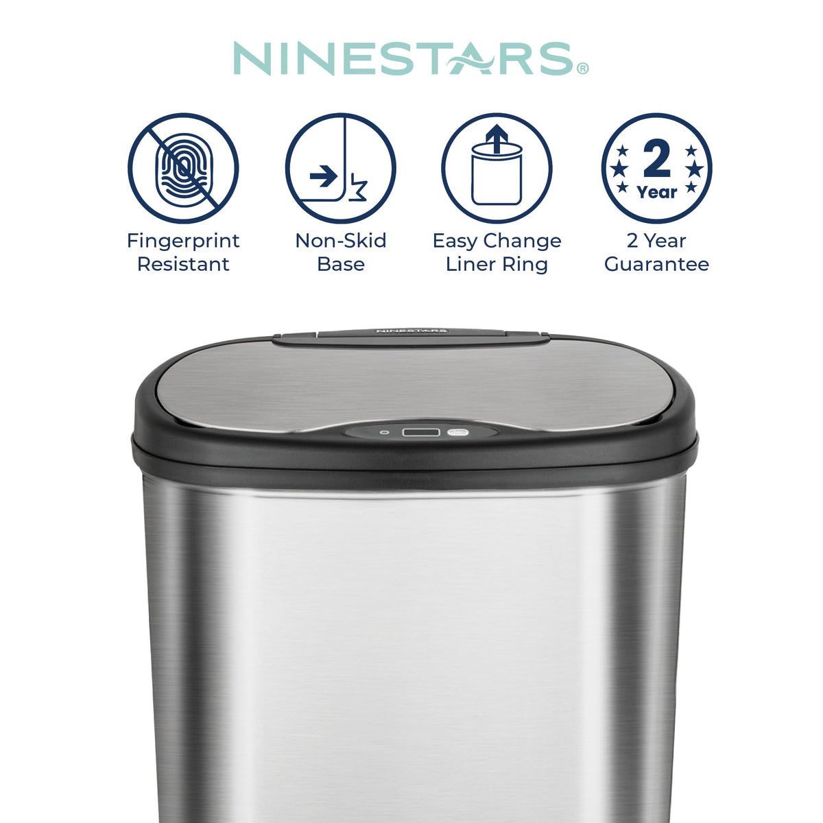 13 Gallon Oval Automatic Trash Can, 50L Touchless Motion Sensor Garbage Can with Odor-Sealing Lid & One-Touch Manual Mode, Silver Stainless Steel, Black Trim E56975