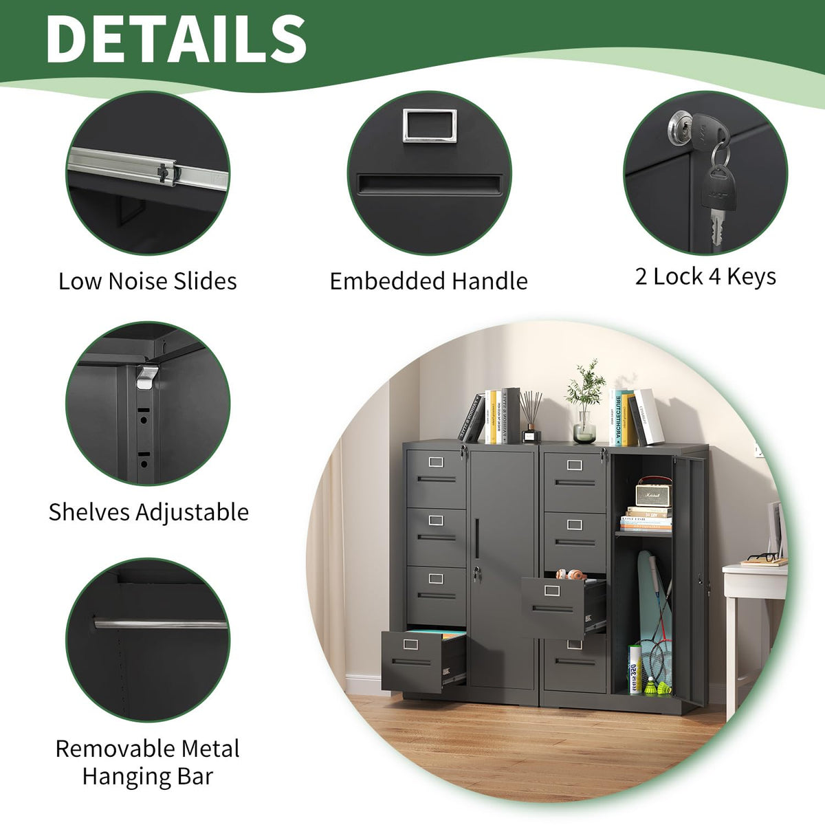 4 Drawer Vertical File Cabinet with Lock and Storage Shelves Black A3375